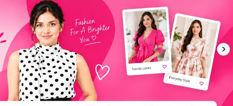 Moonbow new collection: polka dot top, pink fashion and floral dresses
